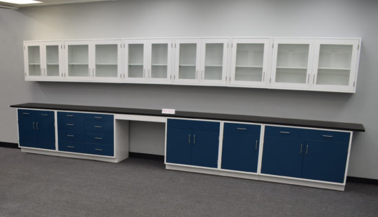 Used blue laboratory cabinets from National Laboratory Sales.