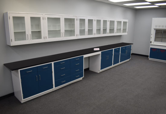 Used blue laboratory cabinets from National Laboratory Sales.