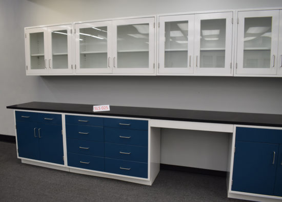 Blue laboratory cabinets will glass wall units.