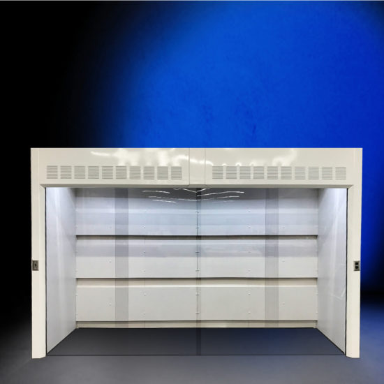 Walk-in fume hood with light switch and outlet.