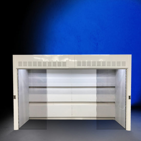 Walk-in fume hood with light switch and outlet.