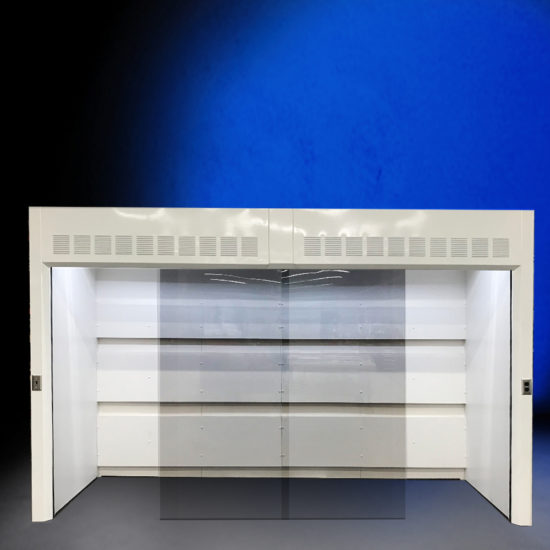 Walk-in fume hood with light switch and outlet.