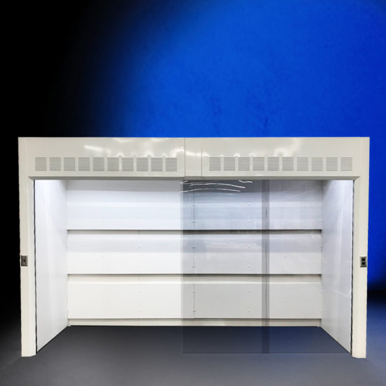 Walk-in fume hood with light switch and outlet.