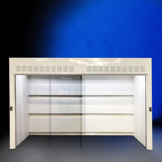 Walk-in fume hood with light switch and outlet.