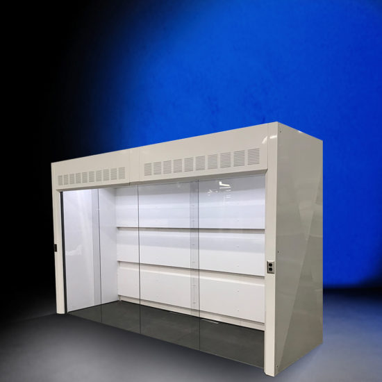 Walk-in fume hood with three baffles.