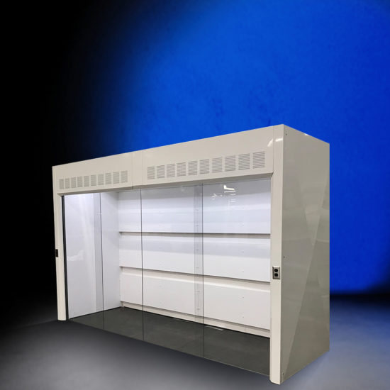 White walk in fume hood with blue background.