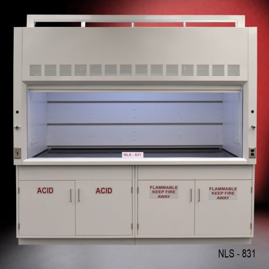 White fume hood with two flammable cabinets and two acid storage cabinets.