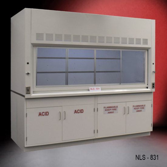 White fume hood with two flammable cabinets and two acid storage cabinets.