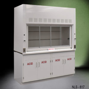 White fume hood with four acid storage cabinets.