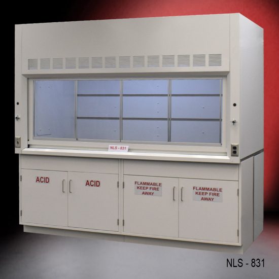 White fume hood with two flammable cabinets and two acid storage cabinets.