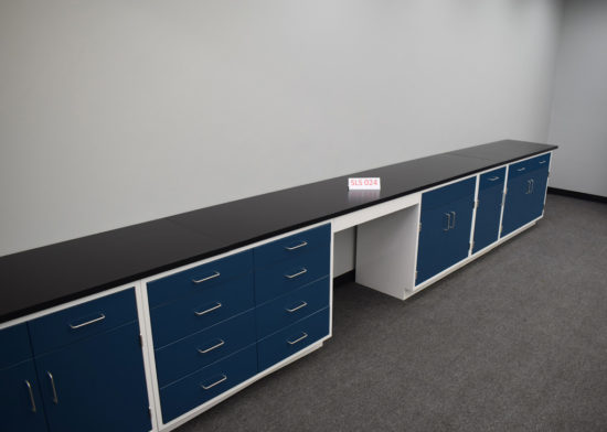 Blue laboratory cabinets with black epoxy work surface and desk.