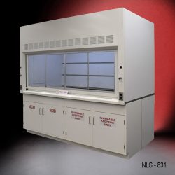 White fume hood with two flammable cabinets and two acid storage cabinets.