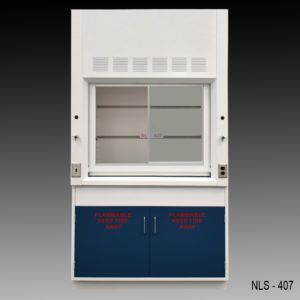 6 foot fume hood with blue cabinets.