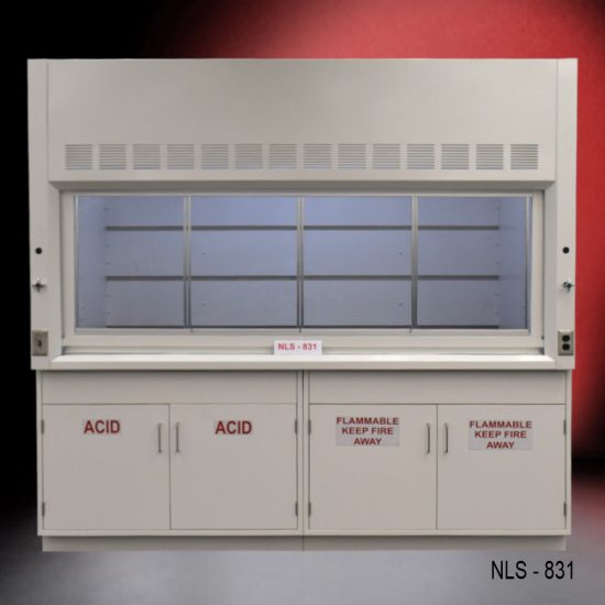 White fume hood with two flammable cabinets and two acid storage cabinets.