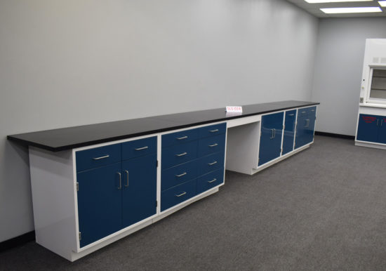 Blue laboratory cabinets with black epoxy work surface and desk.