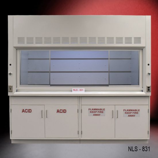 White fume hood with two flammable cabinets and two acid storage cabinets.