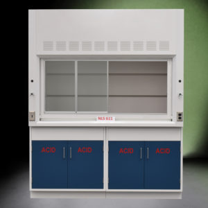 6' Fisher American Laboratory Fume Hood with four blue acid storage cabinets and green background.