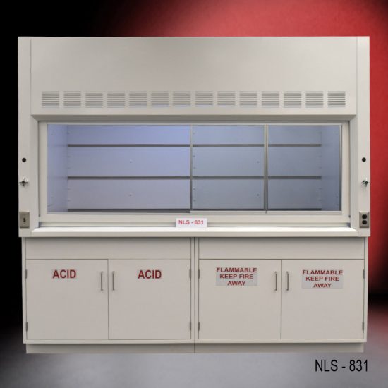 White fume hood with two flammable cabinets and two acid storage cabinets.