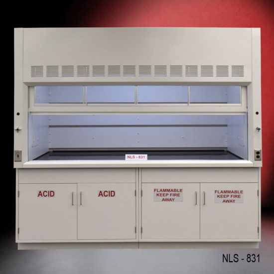 White fume hood with two flammable cabinets and two acid storage cabinets.