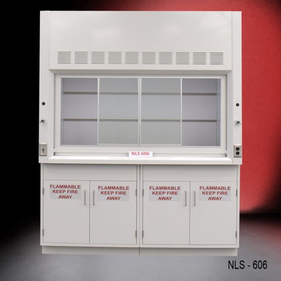 Front view of a 6 Foot Fisher American Fume Hood with two flammable cabinets