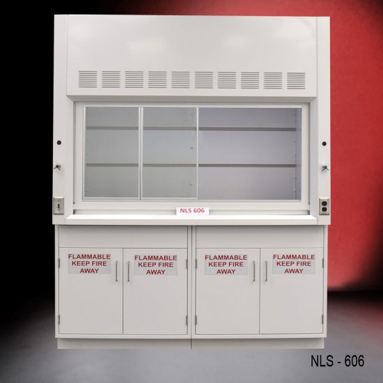 Front view of a 6 Foot Fisher American Fume Hood with two flammable cabinets