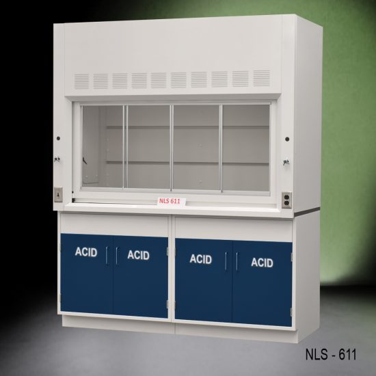 Angled view of Fisher American 6 Foot Fume Hood with blue acid cabinets