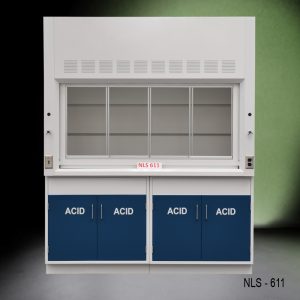 Front view of Fisher American 6 Foot Fume Hood with blue acid cabinets