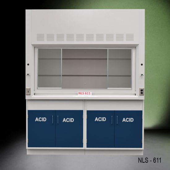 Front view of Fisher American 6 Foot Fume Hood with blue acid cabinets.