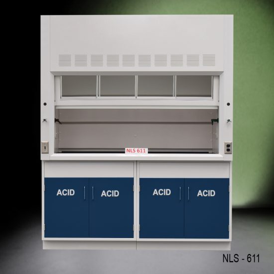 Front view of Fisher American 6 Foot Fume Hood with blue acid cabinets