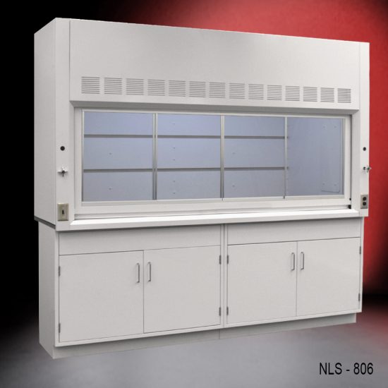 A laboratory fume hood, model NLS-806, featuring a large transparent sash window, white outer structure, and built-in storage cabinets underneath