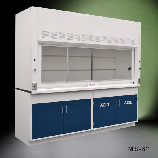Angled view of 8 Ft Fisher American Fume Hood with blue acid cabinet and blue general cabinet