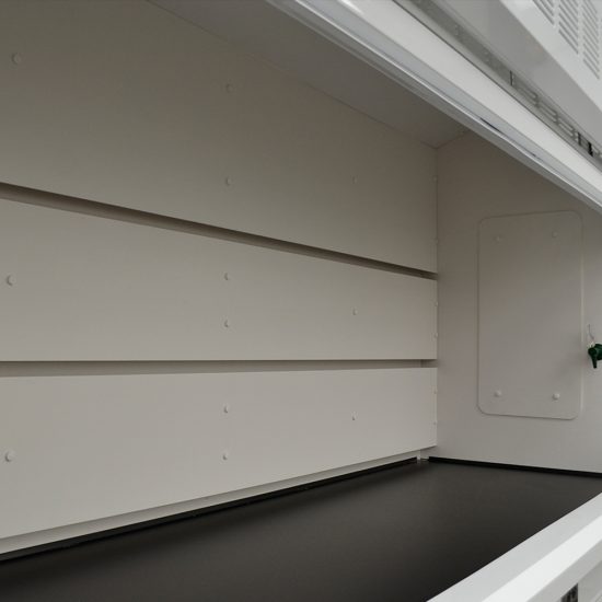 Inside view of working area on an 8 Ft Fisher American Fume Hood with blue acid cabinet and blue general cabinet