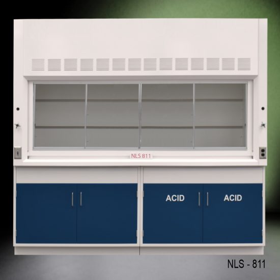 Front view of 8 Ft Fisher American Fume Hood with blue acid cabinet and blue general cabinet