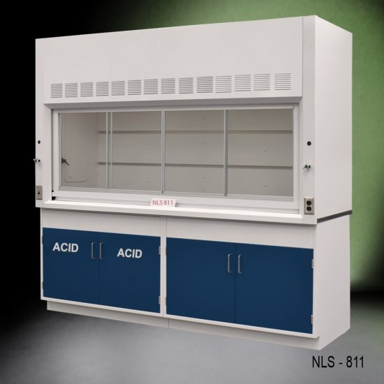 Angled view of 8 Ft Fisher American Fume Hood with blue acid cabinet and blue general cabinet