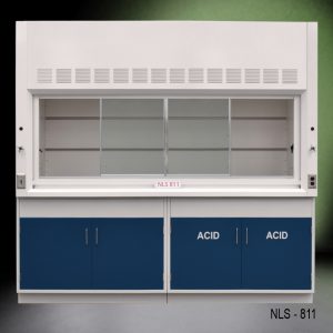 Front view of 8 Ft Fisher American Fume Hood with blue acid cabinet and blue general cabinet
