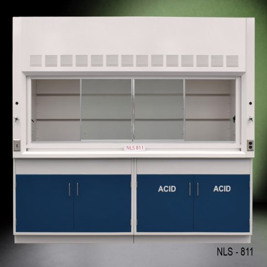 Front view of 8 Ft Fisher American Fume Hood with blue acid cabinet and blue general cabinet