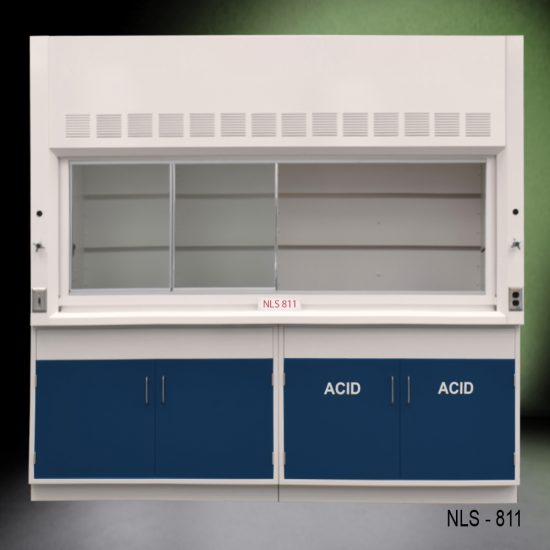 Front view of 8 Ft Fisher American Fume Hood with blue acid cabinet and blue general cabinet