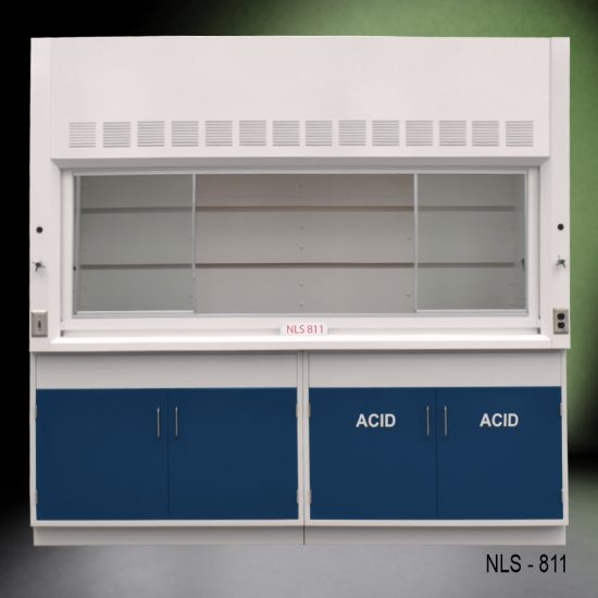 Front view of 8 Ft Fisher American Fume Hood with blue acid cabinet and blue general cabinet