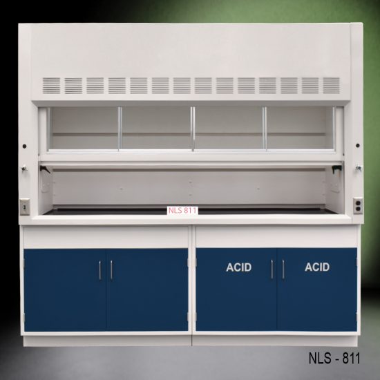 Front view of 8 Ft Fisher American Fume Hood with blue acid cabinet and blue general cabinet