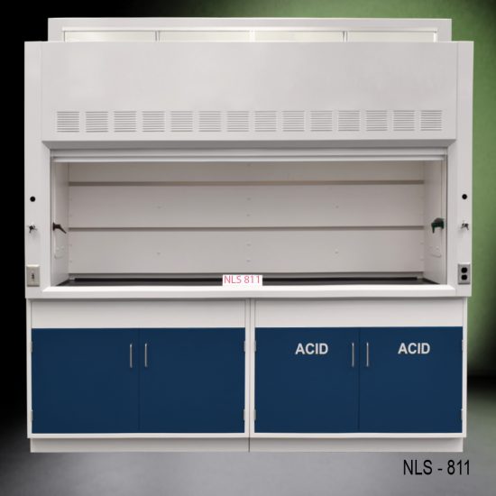 Front view of 8 Ft Fisher American Fume Hood with blue acid cabinet and blue general cabinet