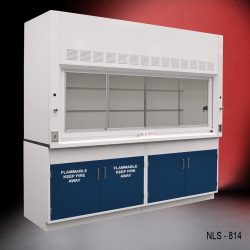 Angled view of Fisher American 8 Foot Fume Hood with flammable and general storage cabinets