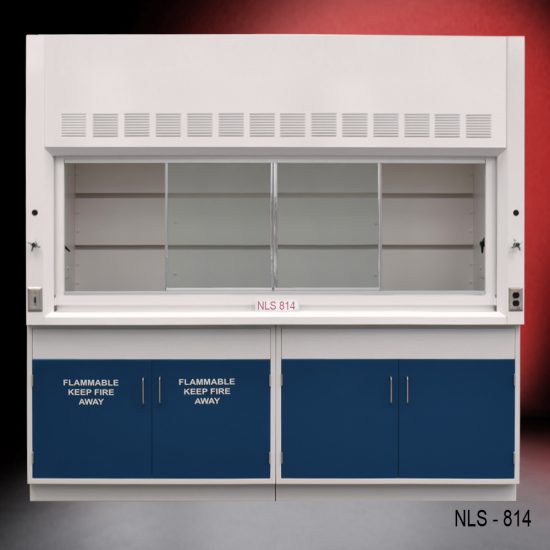 Front view of Fisher American 8 Foot Fume Hood with flammable and general storage cabinets