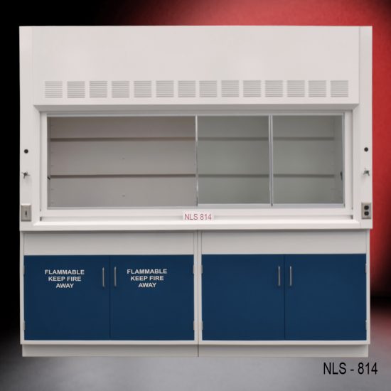 Front view of Fisher American 8 Foot Fume Hood with flammable and general storage cabinets