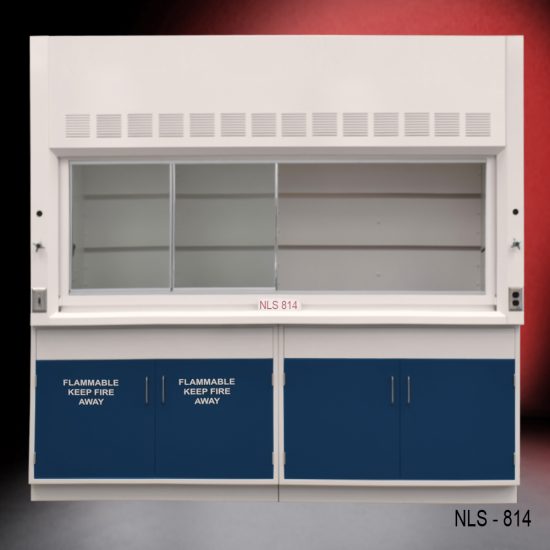 Front view of Fisher American 8 Foot Fume Hood with flammable and general storage cabinets