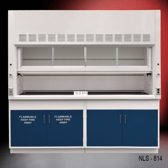Front view of Fisher American 8 ft Fume Hood with flammable and general storage cabinets