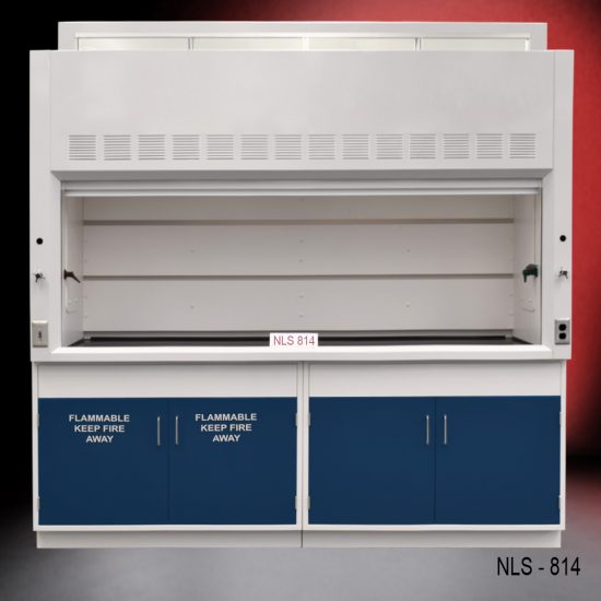 Front view of Fisher American 8 Foot Fume Hood with flammable and general storage cabinets