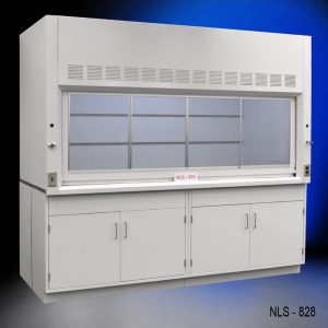 Front view of an 8 Foot x 4 Foot Fisher American Fume Hood with two general storage cabinets
