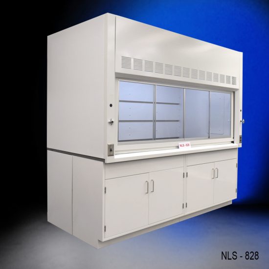 Angled view of an 8 Foot x 4 Foot Fisher American Fume Hood with two general storage cabinets