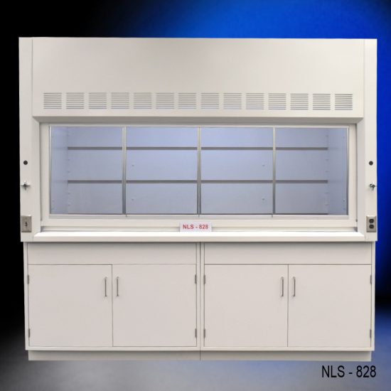 Front view of an 8 Foot x 4 Foot Fisher American Fume Hood with two general storage cabinets