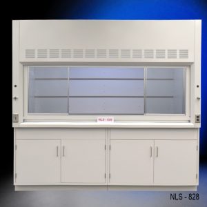 Front view of an 8 Foot x 4 Foot Fisher American Fume Hood with two general storage cabinets